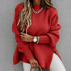 Hnewly  New Loose Split Knitted Long Sleeve Thick Sweater Half High Neck Korean Fashion Pullover Autumn Winter Black Women Clothes