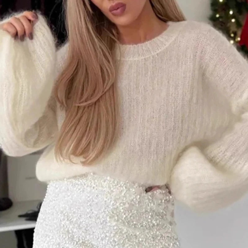 Hnewly  Fashion Women's Slim Fit Sequin Skirt 2 Piece Set O-neck Knitted Long Sleeved Sweater Outfit Casual New Year Solid Color Suits