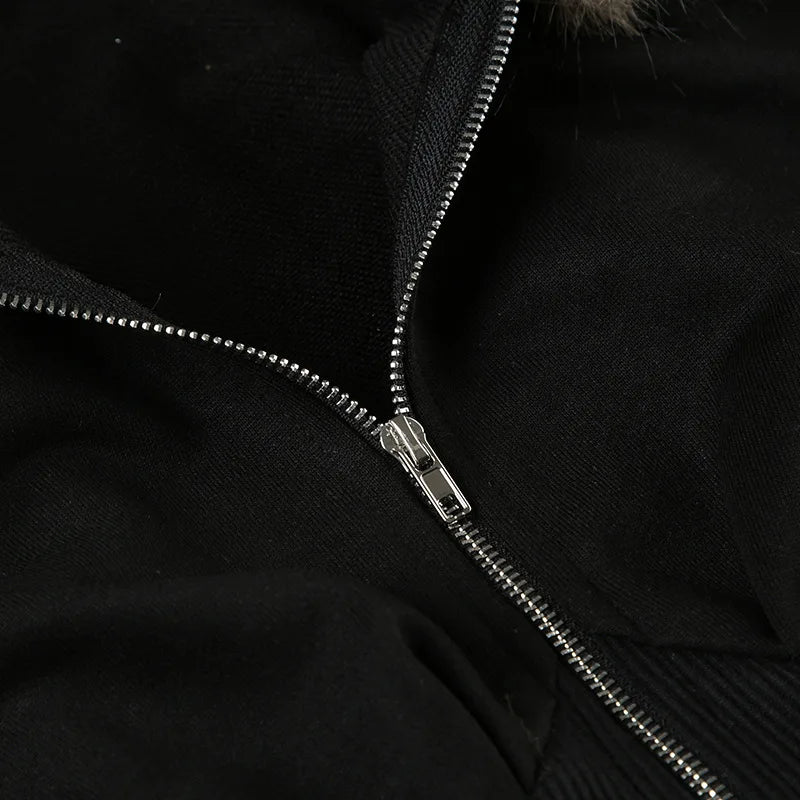 Hnewly y2k Jacket Women Punk Gothic Clothes Solid Color Fur Collar Zip Up Long Sleeve Coat 2000s Grunge Clothing Streetwear