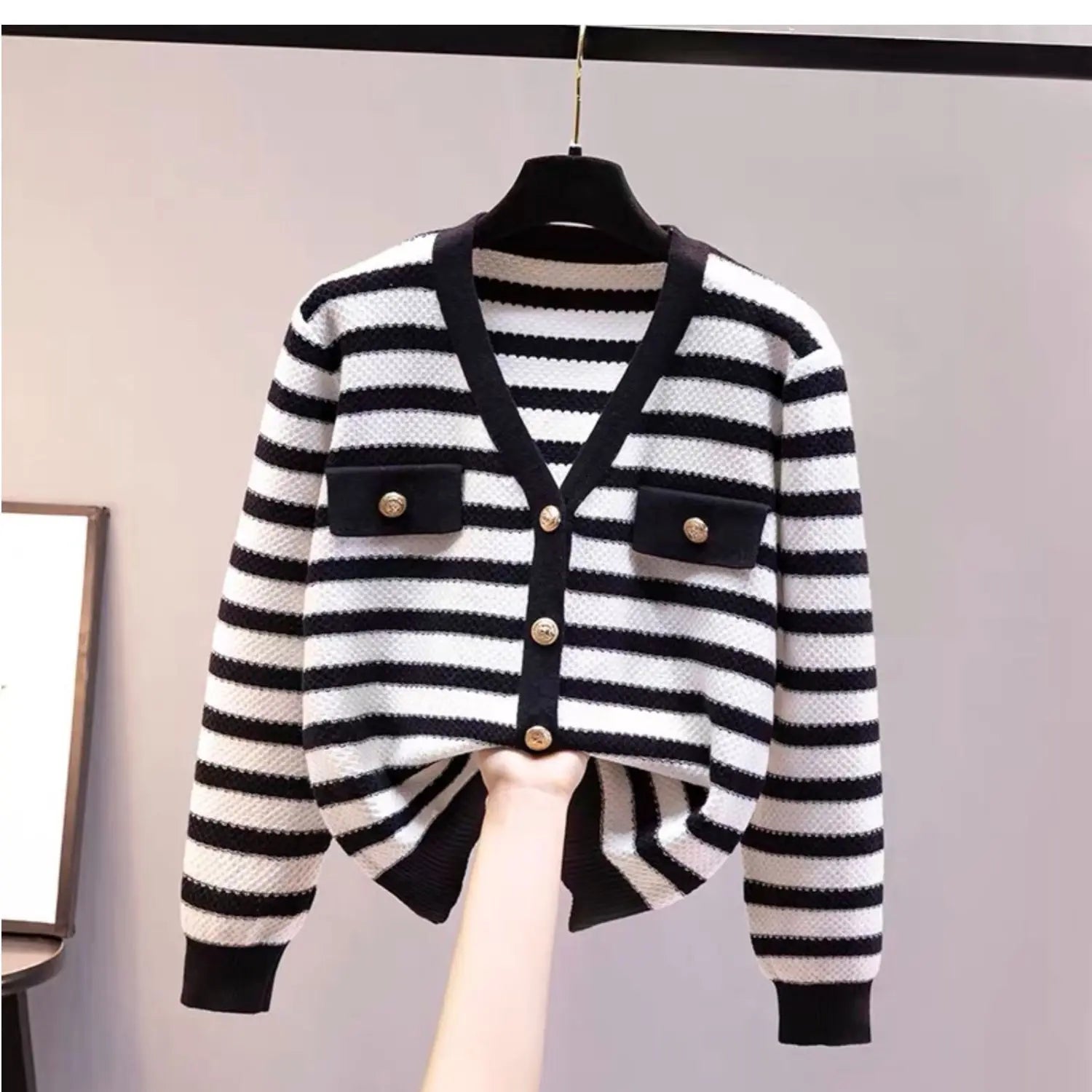 Hnewly  Elegant Striped Knit Cardigan Sweater Spring Autumn New V-neck Long Sleeved Jacket Women's Fashion Gold Button Coat Top