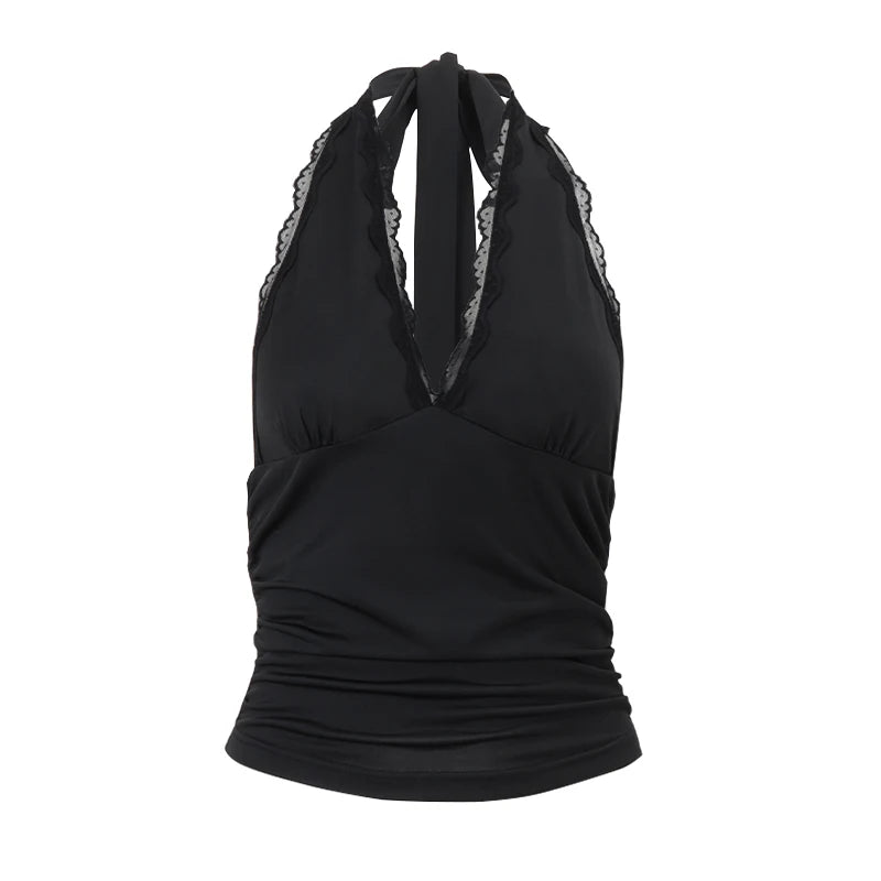 Hnewly V-Neck Sexy Lace Edge Halter Slim Backless Casual Solid Crop Tops Y2K Summer Fashion Streetwear Daily Sweet Cute Vest