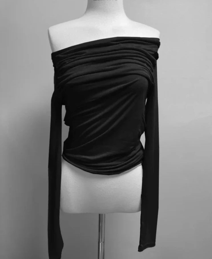 Hnewly Folds T-shirt Shirts for Women Sexy Tunic Tshirts Slash Neck Long Sleeve Y2k Tops Off Shoulder Fashion T Shirts Ropa Mujer