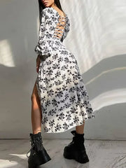 Hnewly  Women Elegant Floral Print Slim Long Dress Sexy Square Neck Backless Full Lantern Sleeve Split Robe Lady Vacation Gowns New