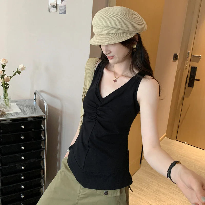 Hnewly  Gray French Pleated V-neck Tank Top Women's Slimming Summer New Style Sleeveless Street Fashion Outerwear