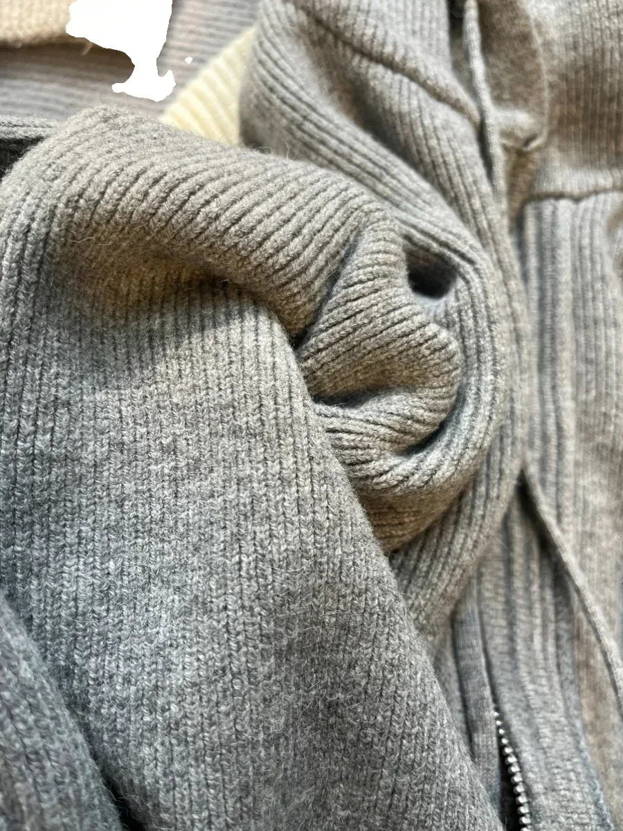 Hnewly Gray Hooded Sweater Coat Autumn Winter Double Zipper Long Sleeve Loose Fashion Korean Soft Thickened Knitted Tops Coats