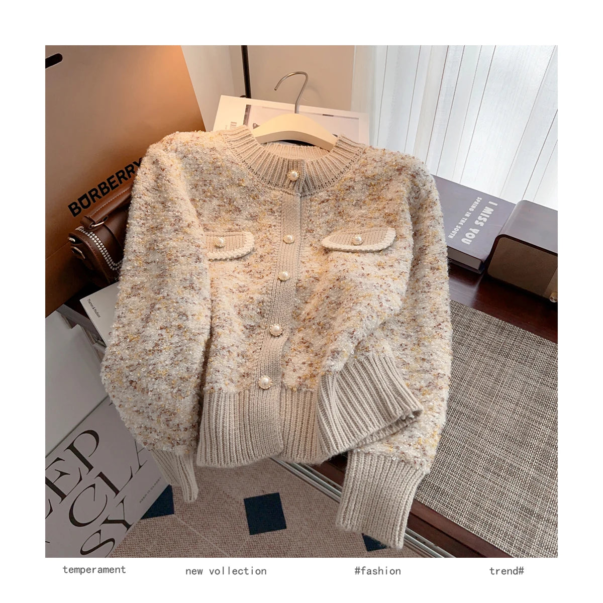 Hnewly  Luxury Pearl Button Sweater Women O-Neck Long Sleeve Cardigan Coat  Single Breasted Warm Jacket Casual All-Matched Knitwear Top