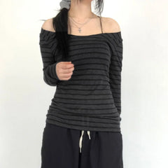 Hnewly Grunge Top y2k Clothes Women Cybercore Striped Off Shoulder Long Sleeve T Shirt 2000s Gothic Clothing Fall Streetwear