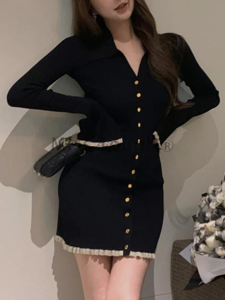 Hnewly DRESS TO IMPRESS Winter Knit France Vintage One Piece Dress Women Sexy V-neck Elegant Sweater Mini Dress Female Korean Style Chic Dress New