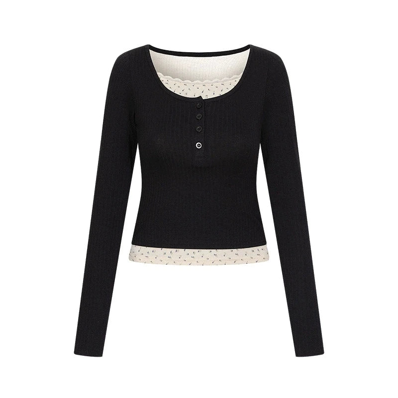 Hnewly  U-Neck False Two-Piece Pullovers Women Spring Autumn Elegant Lace Floral Knit Tops for Woman Slim Long Sleeve T-Shirts Lady