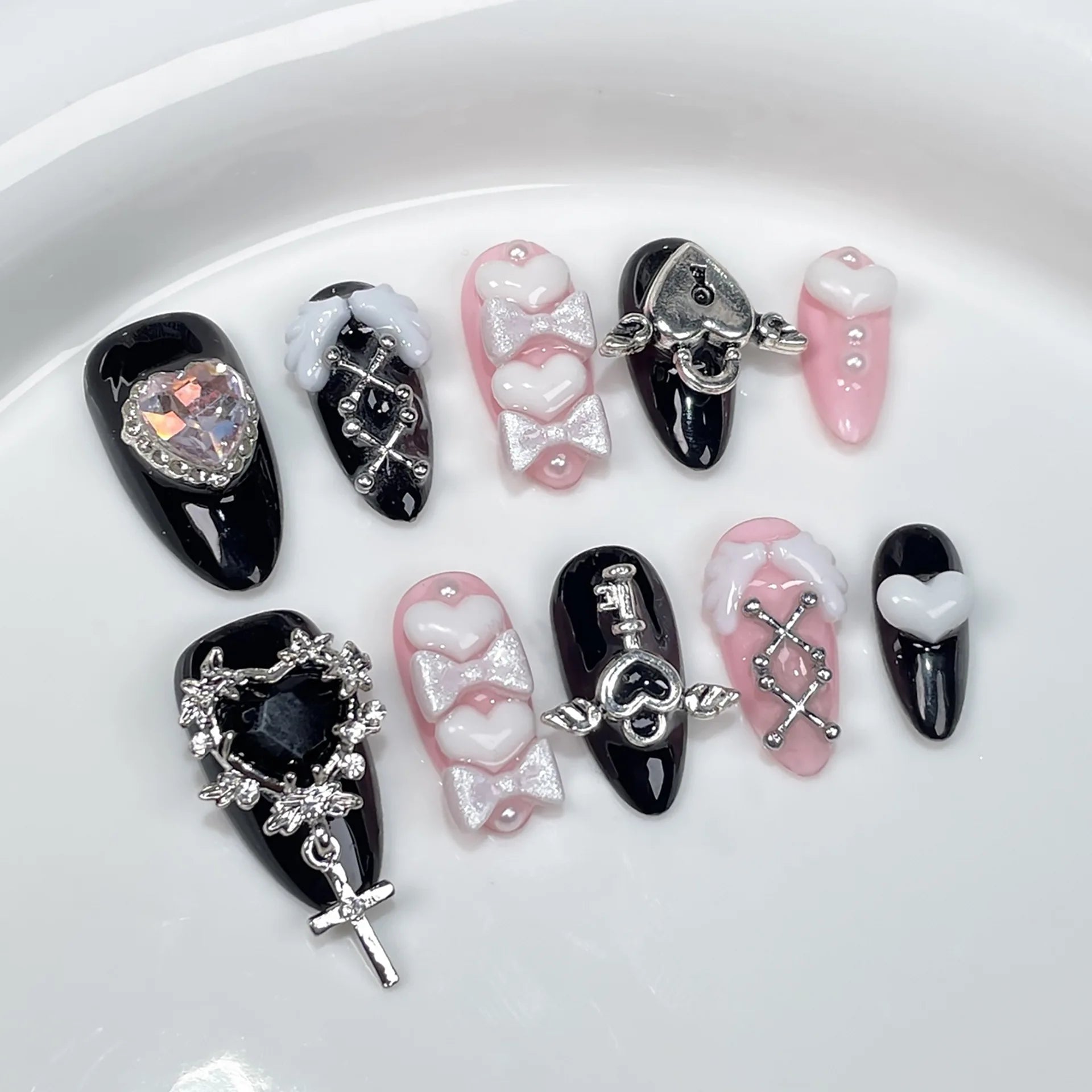 Hnewly 10pcs Blush Pink Fake Nail Patches Handmade Pearl Love Heart Press On Nails Planet Cross Designs Detachable Almond