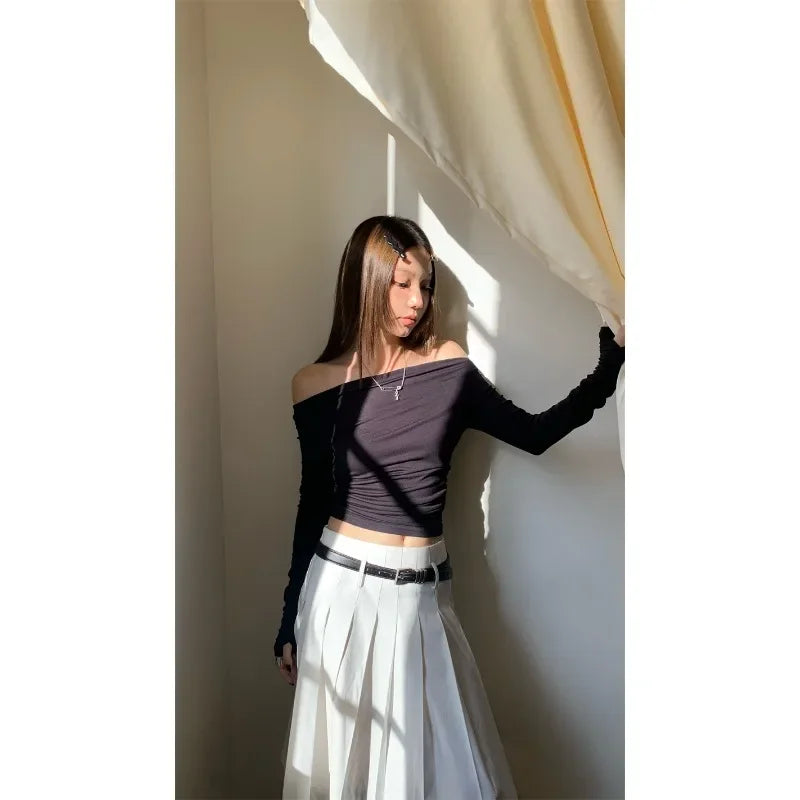 Hnewly FALL OUTFIT 2024 Autumn for Women Crop Tops Vintage Korean Retro High Street Off Shoulder Folds T-Shirt Streetwear Tee Shirt