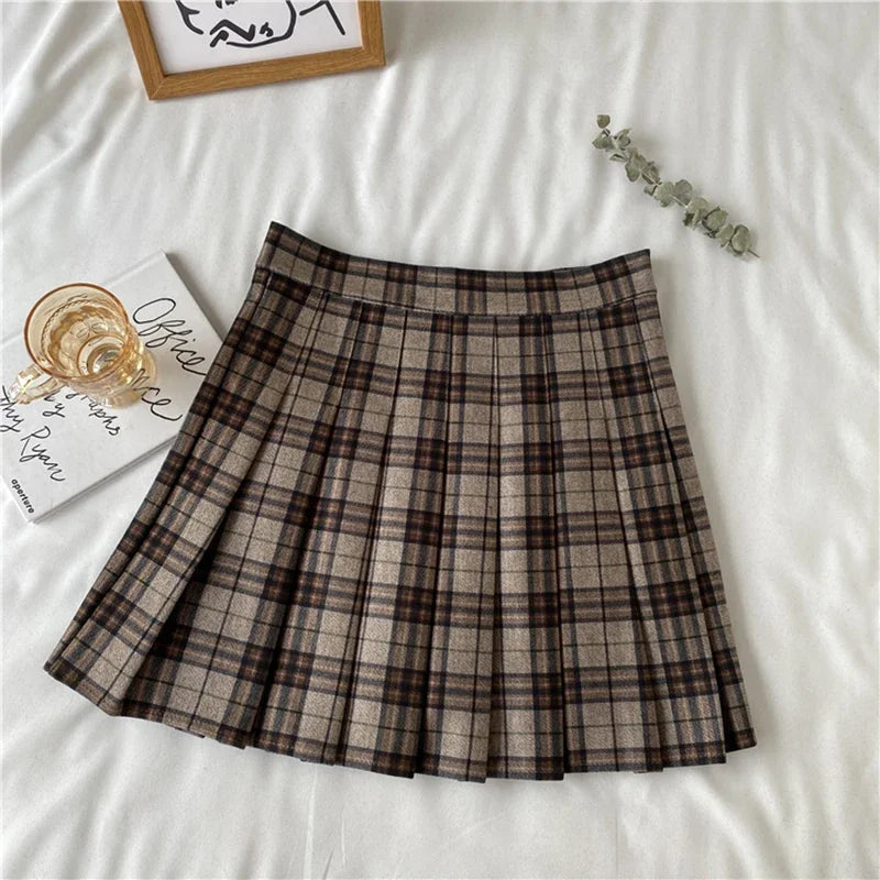 Hnewly Plaid Pleated Skirt Women Japan Jk High Waist Thin A Line Short Skirt Female Sweet Preppy Style Woolen Mini Short Skirt