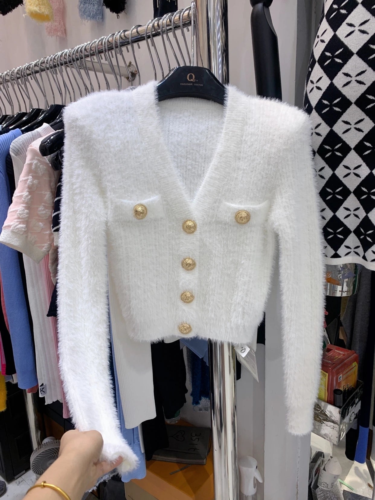 Hnewly  Fuzzy Knit Crop Cardigan with Gold Button Long Sleeve V-neck Fitted Sweater Jacket Teen-girl Autumn Winter Y2K Outfit