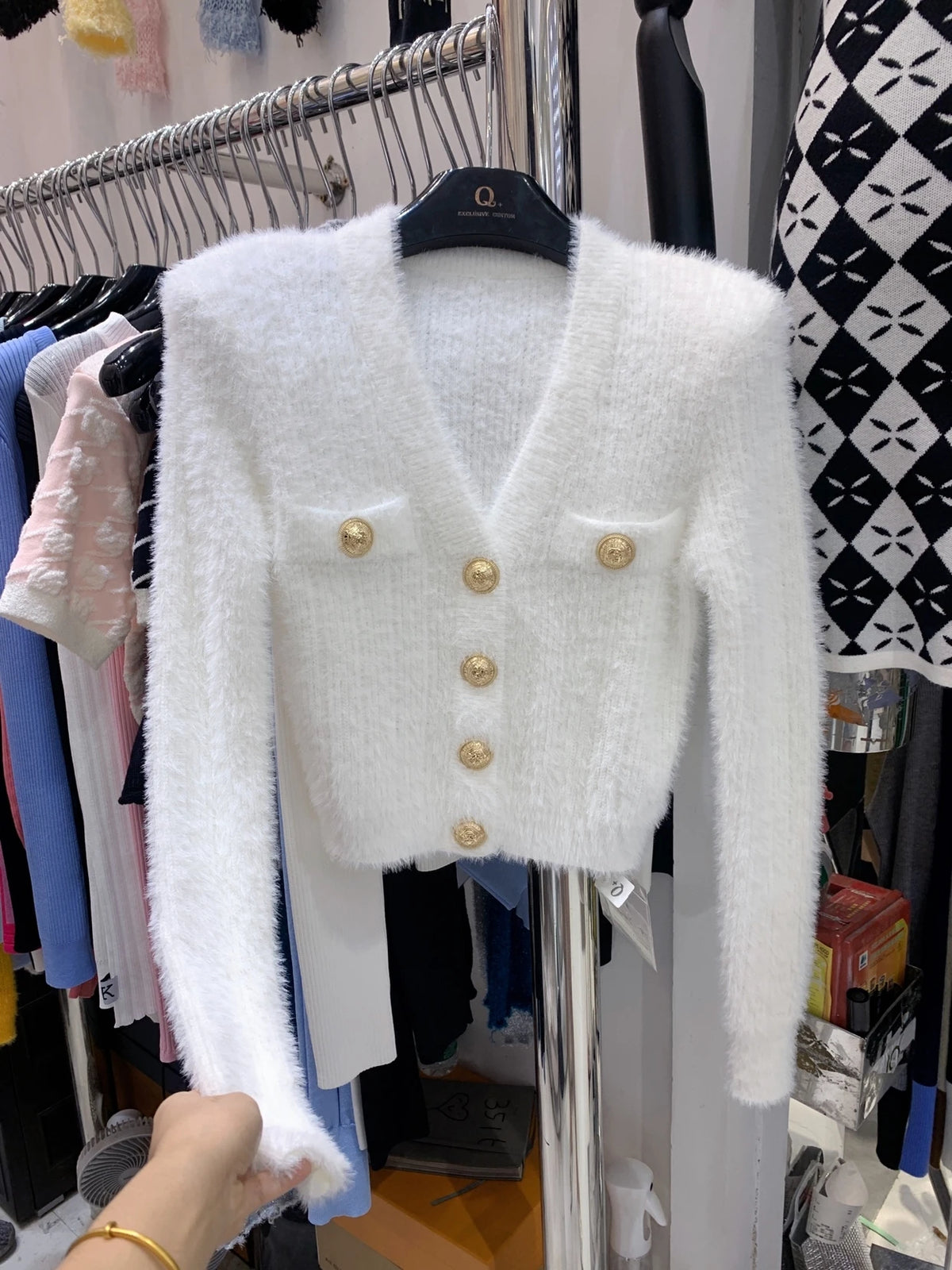 Hnewly  Fuzzy Knit Crop Cardigan with Gold Button Long Sleeve V-neck Fitted Sweater Jacket Teen-girl Autumn Winter Y2K Outfit