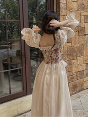 Hnewly  Vintage Elegant Print Floral Dress Women Autumn O-neck Casual Evening Party Midi Dress Female Puff Sleeve Korea Fairy Dress