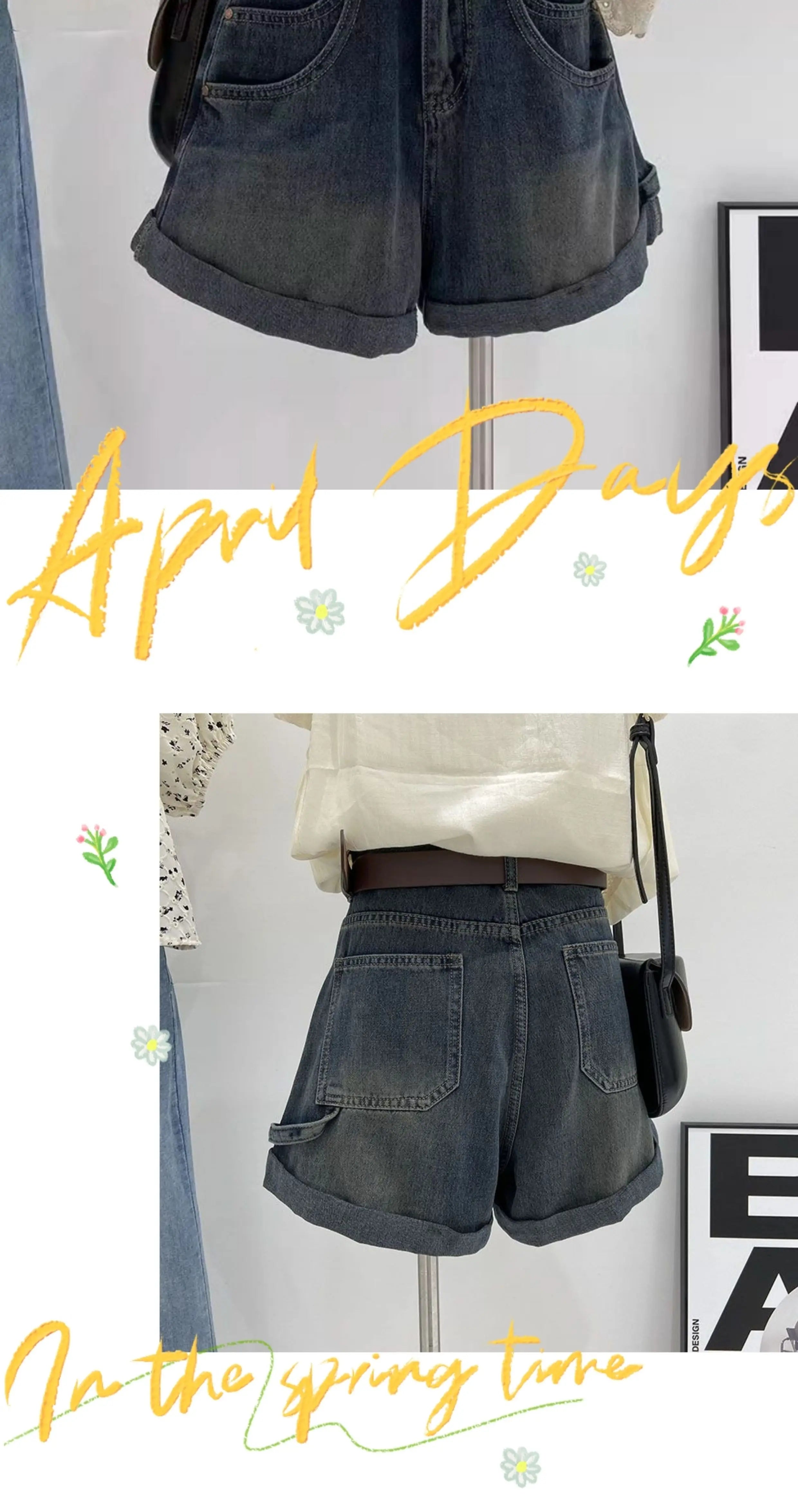Hnewly  New Retro Rolled Denim Shorts 2025 Women's High Waisted Loose Straight Leg A-line Wide Leg Pants Chic Pocket Hot Jean Pants