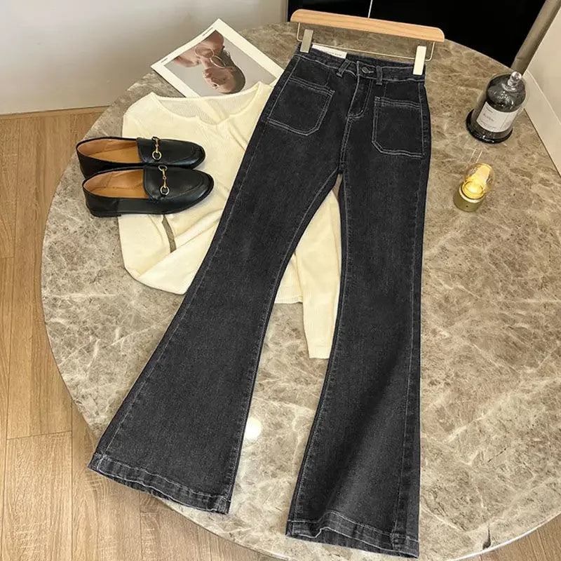 Hnewly  New High Waist Trousers Loose Washed Jeans Pockets Slim Denim Flare Classic Women Vintage Stretch Straight Trousers All-match