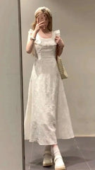 Hnewly  Elegant High Waist A-Line Dress Women's Summer Tea Break Slimming Gauze Hem Student Friendly Polyester Fiber All Seasons