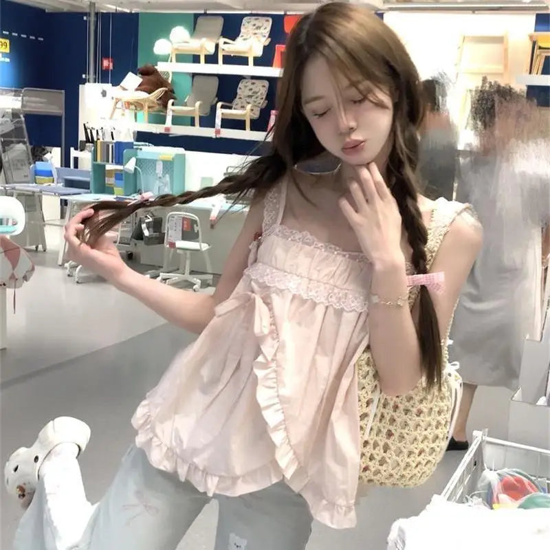 Hnewly  Sweet Pink Lace Patchwork Camisole Vest Y2k Loose Sleeveless Top for Women 2025 Summer New All-match Casual Tank Top