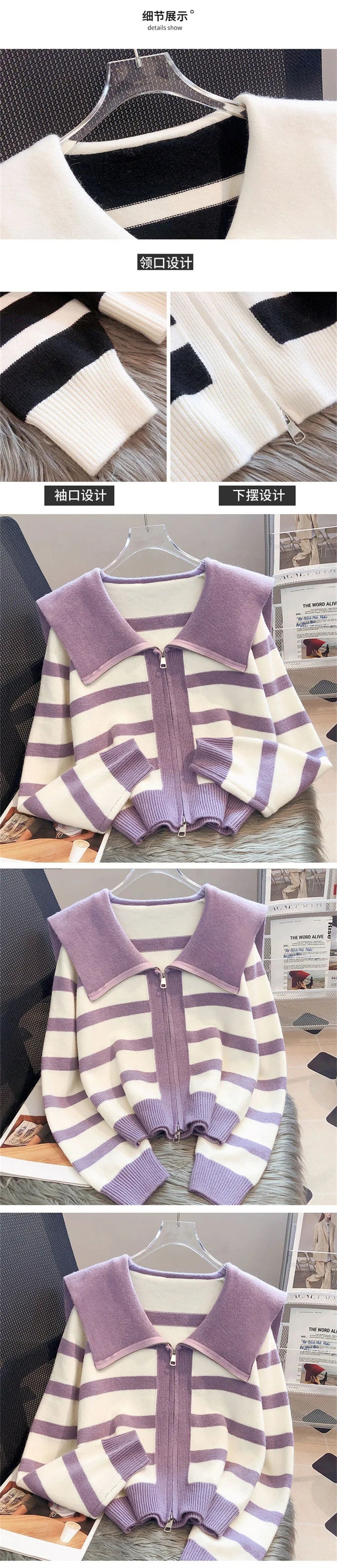 Hnewly  Women's Knitted Stripe Sweater Sweet Preppy Style Peter Pan Collar Cardigan Top Spring Autumn 2023 New Zipper Fashion Outwear