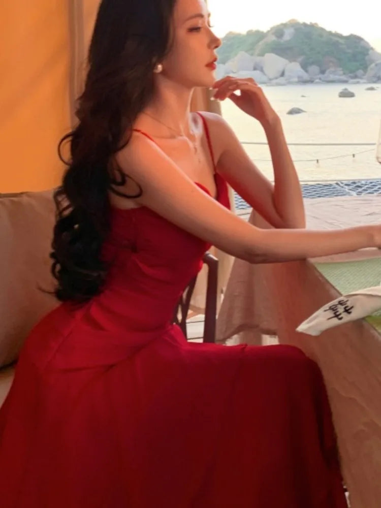 Hnewly Summer Red Womens Dresses Elegant Spaghetti Strap Sleeveless Ruffles Birthday Party Long Dress Holiday Prom A-Line Vestidos New