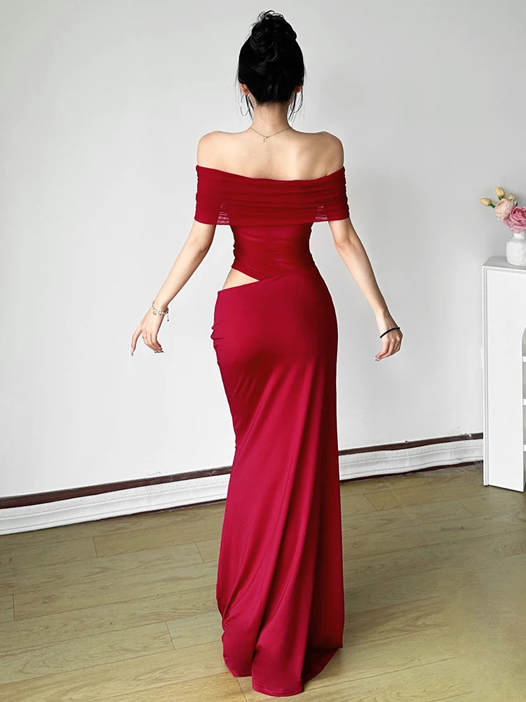 Hnewly  Ruched Irregular Dress Women Mesh Patchwork Slash Neck Short Sleeve Skinny Stretch Trend Elegant Long Bodycon Outfits