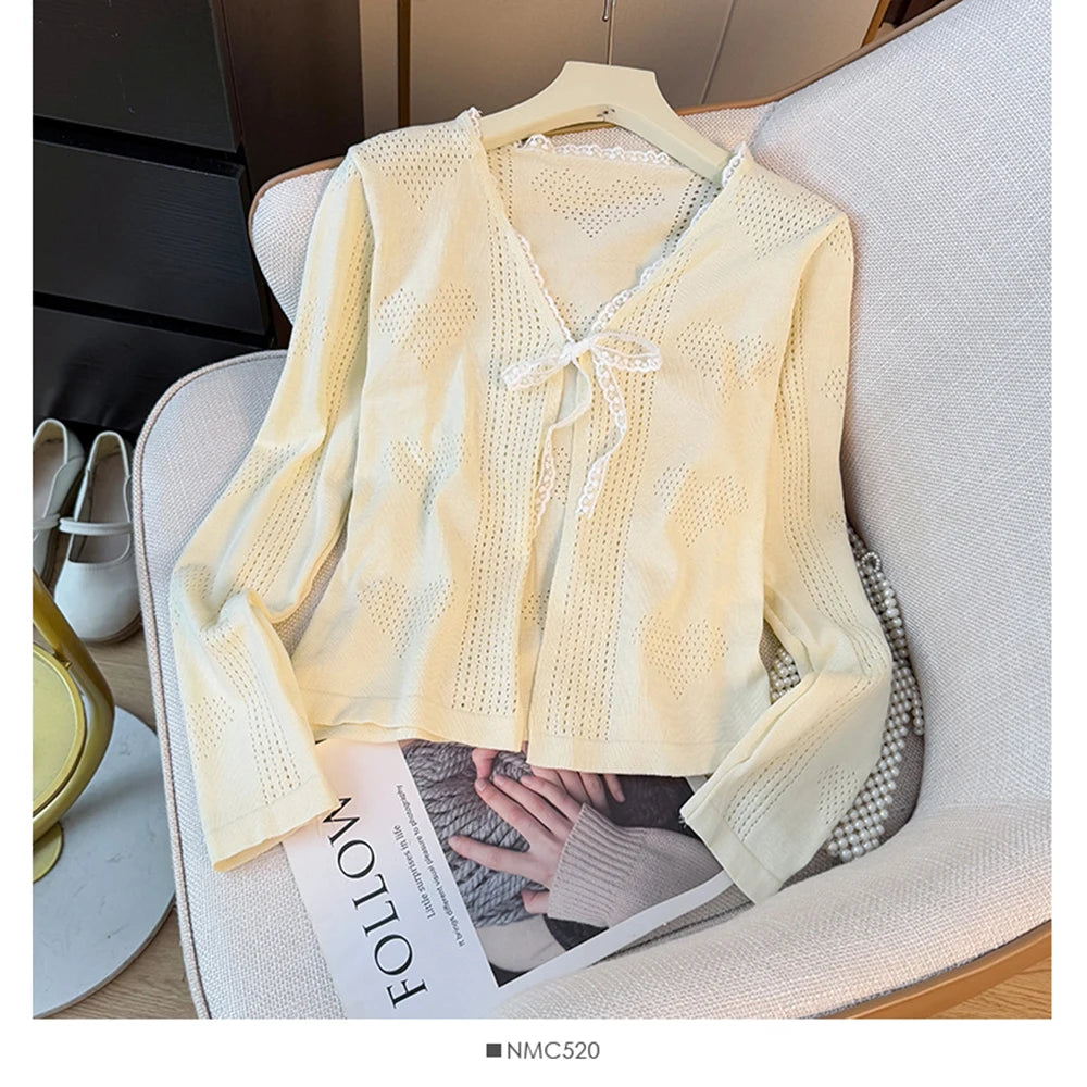 Hnewly  Sweet Lace Trim Heart Hollow Knit Cardigan Women's V-Neck Long Sleeve Early Autumn Bow Tie Loose Fit Female Short Tops