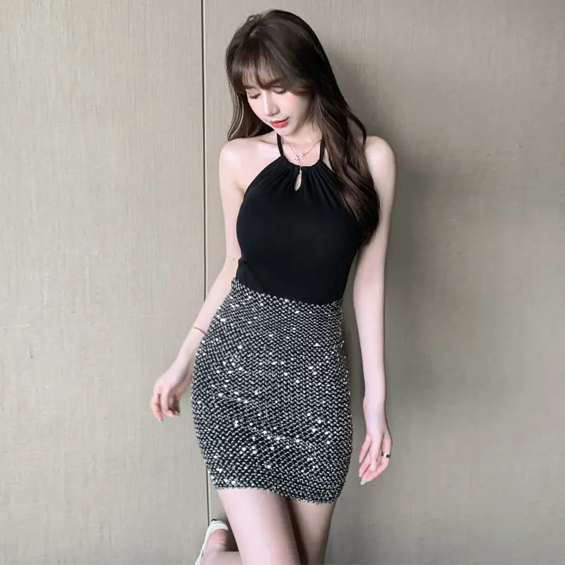 Hnewly Women's Stylish Sexy Short Skirts Sequin Hip Elasticity High Waist Korean Style Fashion Wrap Tight Mini Skirt for Women Elegant