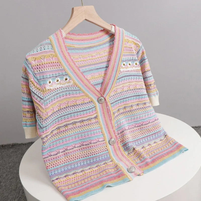 Hnewly Rainbow Striped Knitted Sweater For Women's 2025 Summer New  Thin Short Sleeved V-neck Hollow Out Holiday Sun Protection Top