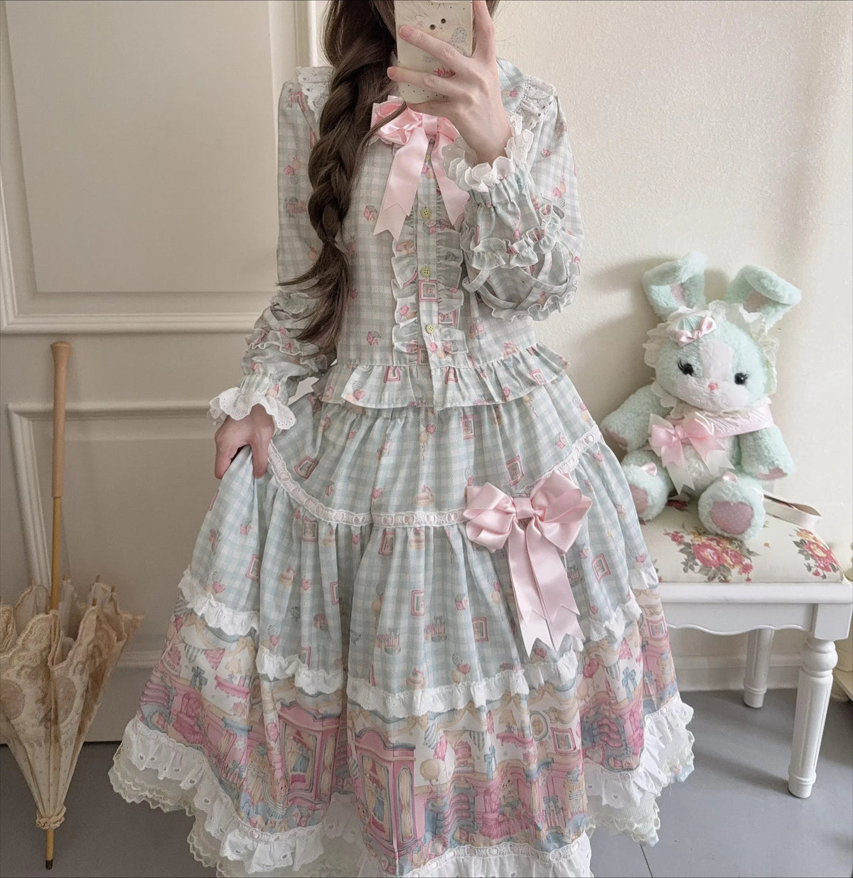 Hnewly  Original Sweet Printed Long-sleeve Top and Skirt 2-piece Set New Spring and Autumn Women's Clothing Lolita Dresses Set