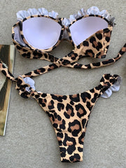 Hnewly  Leopard Ruffled Bra Cup Bikini Women Bandeau Swimsuit Female Swimwear Two Pieces Bikini Set Push Up Bathing Suit Swim Lady