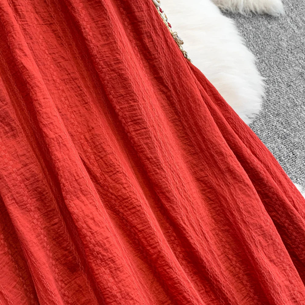 Hnewly  Bohemian Vacation Style Red Dress Design Sense Tassel Irregular Loose Dresses French Style High-end  Sleeveless Long Dress