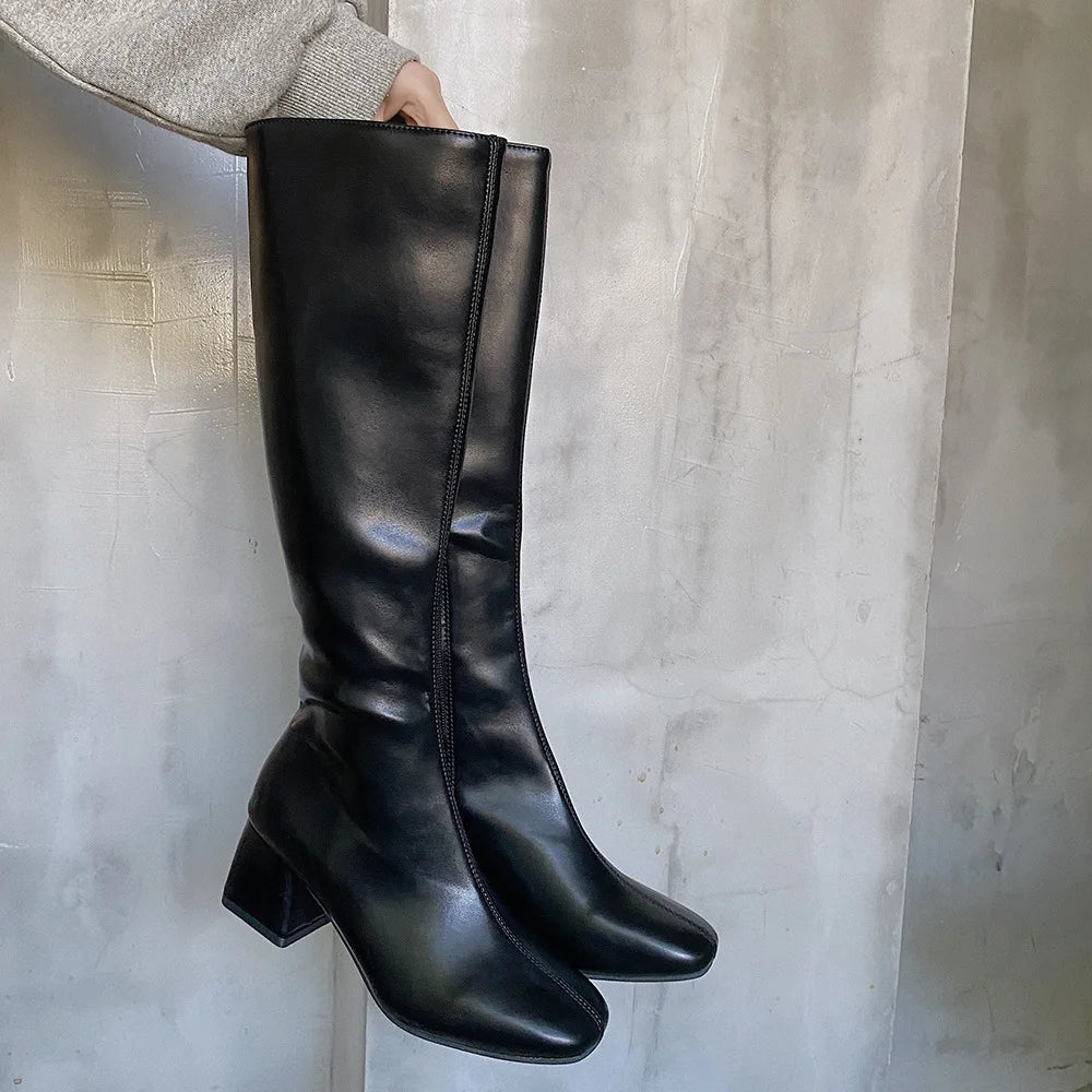 Hnewly Knee-length Boots Women Women's Rubber Shoes Sexy Square Heel Thigh High Heels Luxury Winter Heeled Booties Black