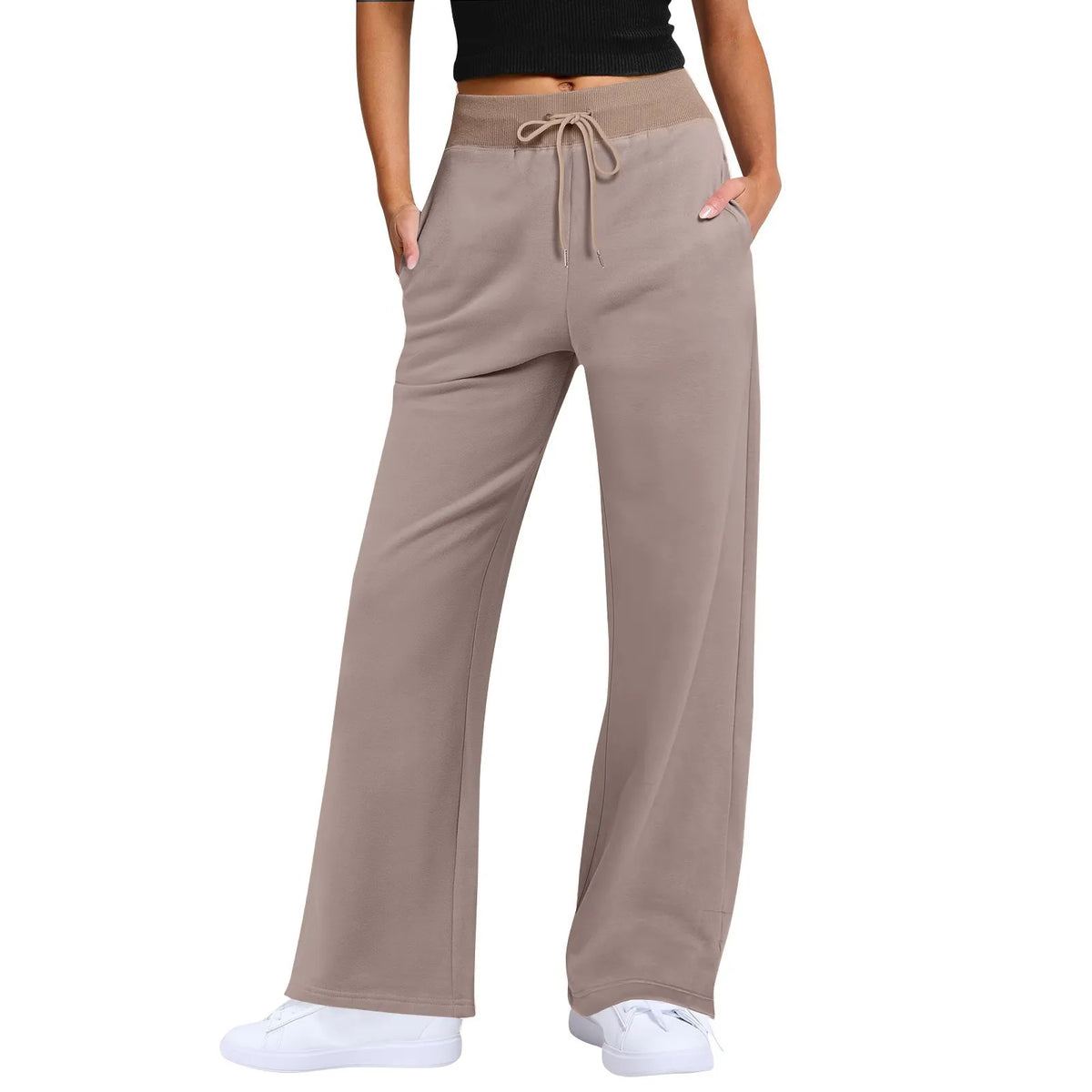 Hnewly  Ladies' Solid Color Wide Leg Casual And Versatile Straight Trousers High Waisted Baggy Flared Drawstring Athletic Joggers