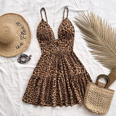 Hnewly Retro Leopard Printed Camis Dress Women Summer Sexy Hollow Out Sleeveless Mini Dress Harajuku Bohemian Beach Vacation Vestidos