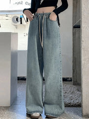 Hnewly  Elastic Waist High Waist Wide Leg Jeans for Women Loose Straight Blue Long Denim Pants Female Fashion Streetwear Jeans