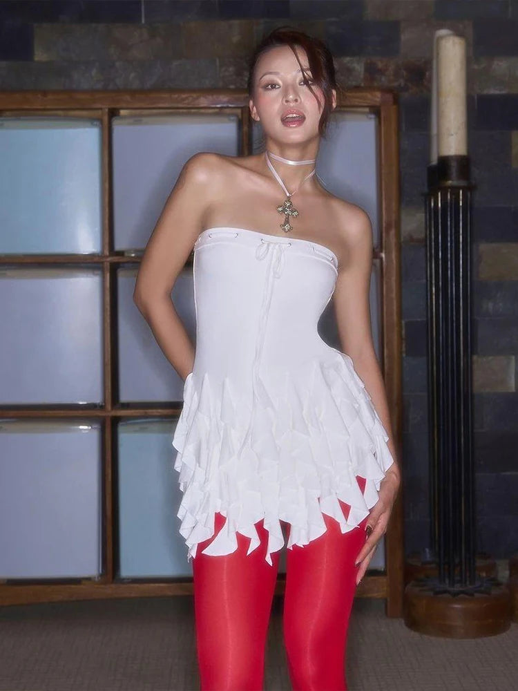Hnewly  Tierred Tassel Hem Tube Tops Women Lace-Up Solid Skinny Chic Summer Beach Party Vacation Street Classic Crop Tops