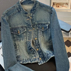 Hnewly  Fashion Denim Jacket Loose Casual Retro Jeans Short Coat Women's Spring Autumn Elegant Korean Standing Collar Long Sleeve Top