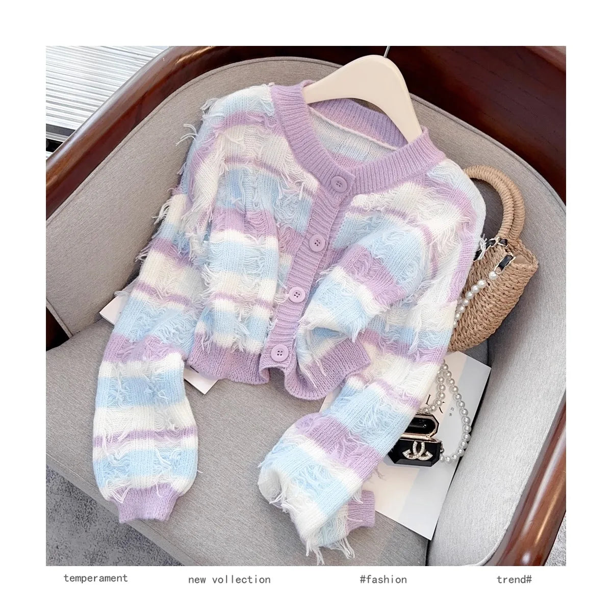 Hnewly Striped Fashion Tassel Sweater Women's Autumn Single Breasted  O-Neck New Short Knitted Cardigan Long Sleeve Top