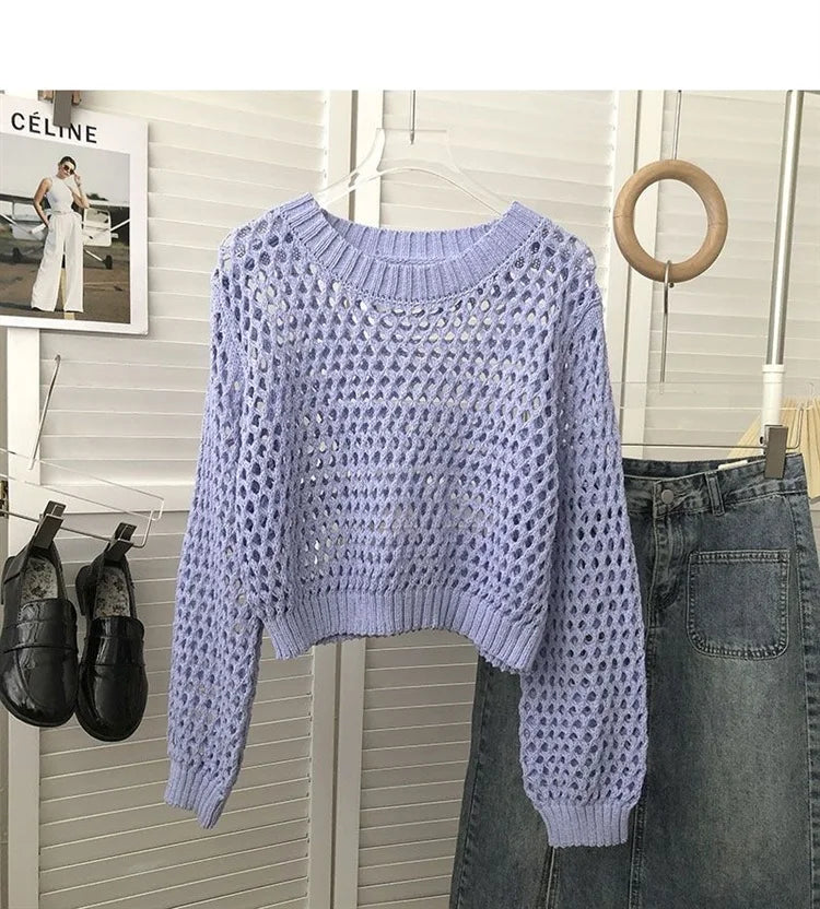 Hnewly Hollow Sun Protection Shirt Women's Summer Loose Pullover O-Neck Puff Long Sleeve Air Conditioning Knitwear Korean Retro Top