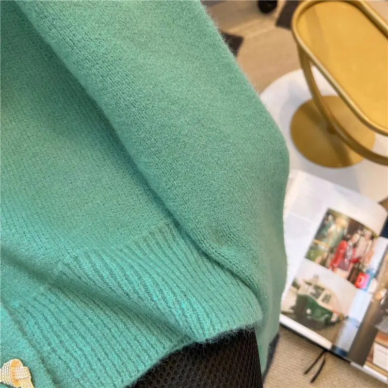 Hnewly  Elegant Metal Button Sweater Solid Long Sleeve Korean  O-Neck Puff Sleeve Knit Cardigan Coat Women Spring  Autumn Loose Top