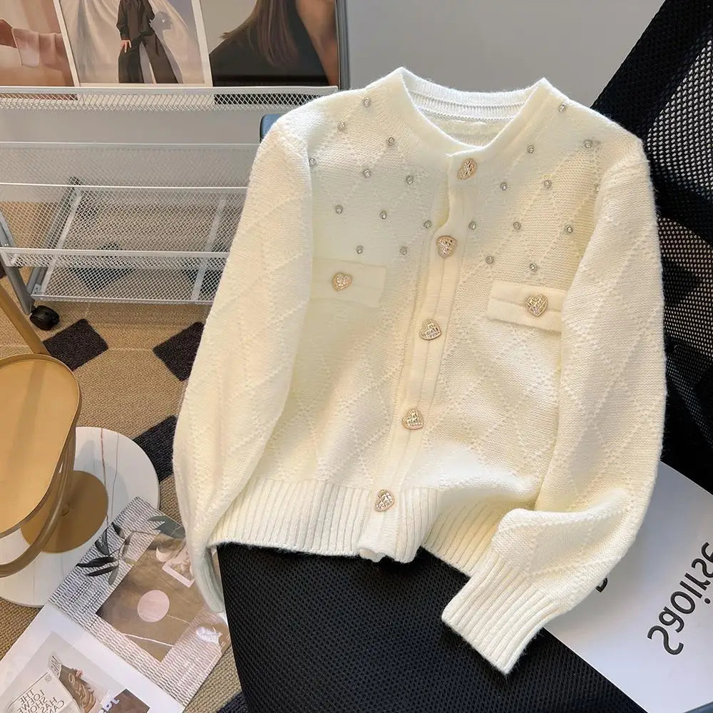 Hnewly  French Knitted Cardigan Sweater Luxury Diamond O-Neck Long Sleeve Top Women's Autumn Winter Korean Soft Comfort Coat
