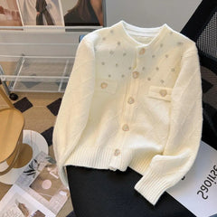 Hnewly  French Knitted Cardigan Sweater Luxury Diamond O-Neck Long Sleeve Top Women's Autumn Winter Korean Soft Comfort Coat