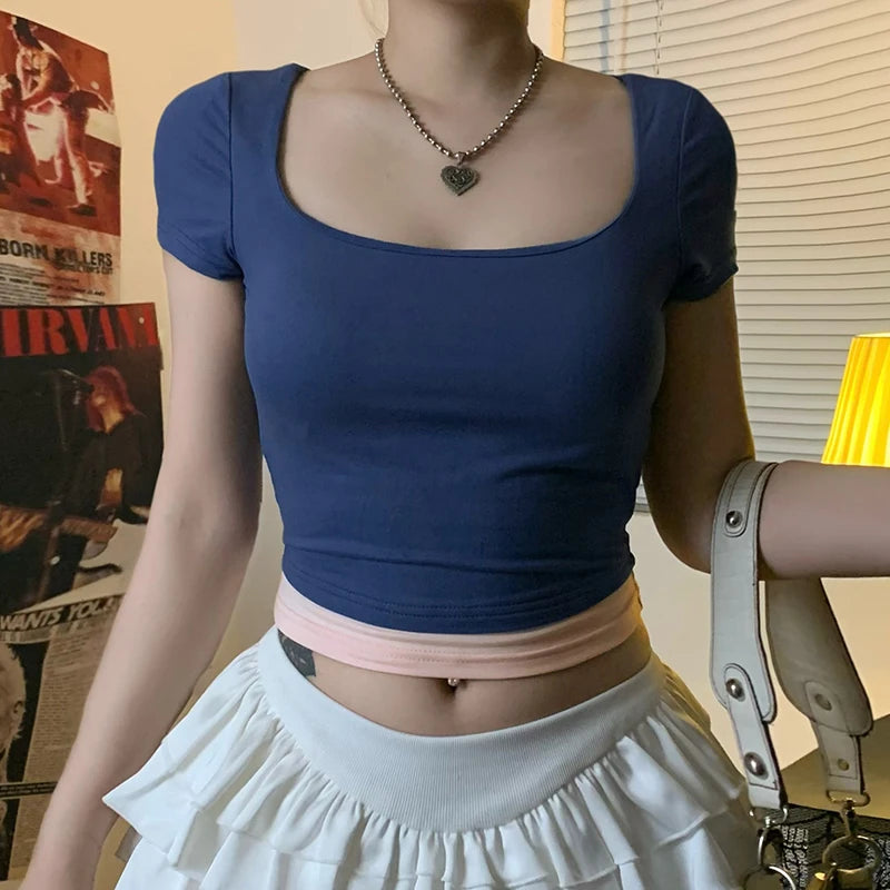 Hnewly Fake Two-piece Cropped Top Patchwork Square Collar Short Sleeve T Shirt Women Skinny Basic Tee Summer Y2k Aesthetic Shirt