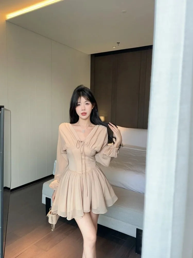 Hnewly  Woman Dress Elegant Long Sleeve V Neck Bandage Slim Spring Summer Fashion Sweet Mini Dresses Female Casual Chic