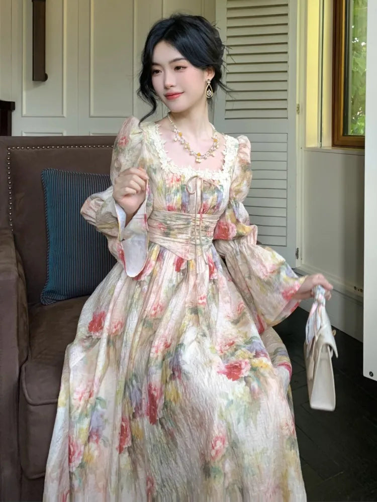 Hnewly Women French Printed Floral Midi Long Dress Summer Square Collar Lantern Sleeve Lace-up Midi Vestidos Elegant One Piece Clothing