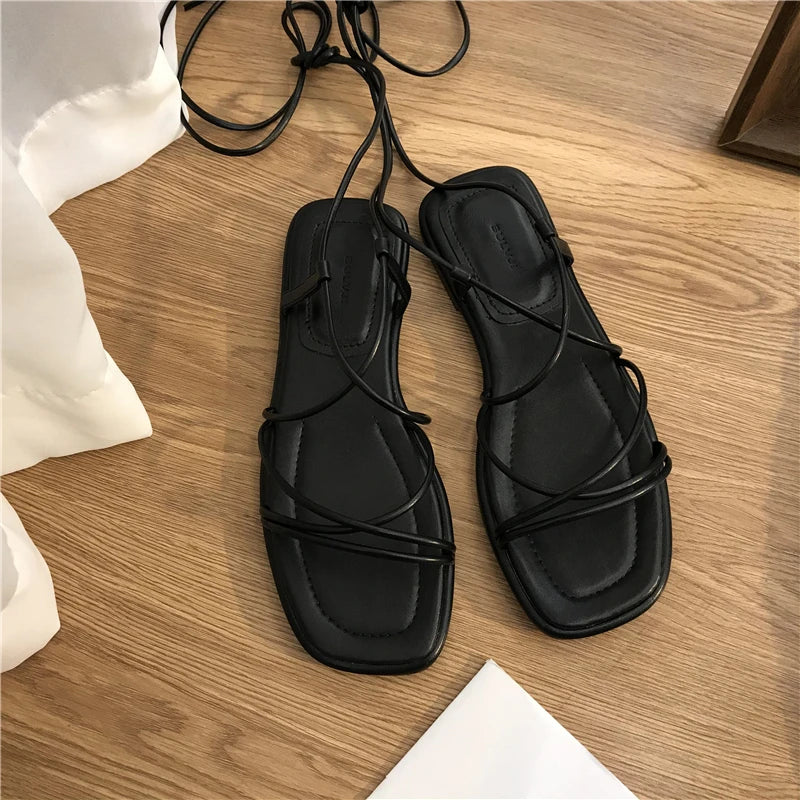 Hnewly Summer Slippers Women Sandals Narrow Vintage Square Toe Flat Cross Strap Thong Sandals V Shape Design Shoes Women Plus Size43
