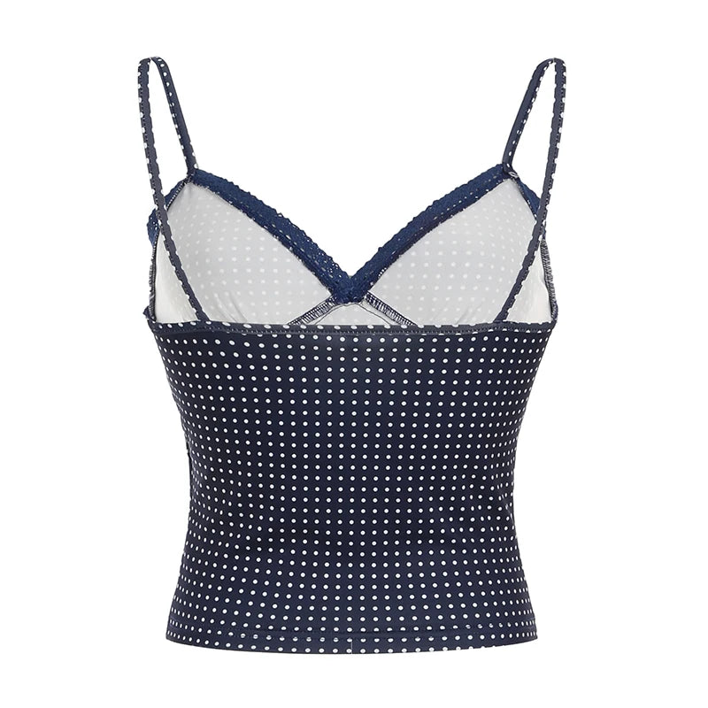 Hnewly y2k Polka Dot Crop Top Casual Lace Stitching Sleeveless Skinny Strap Tops Women Basic Camisole Streetwear Tees Aesthetic