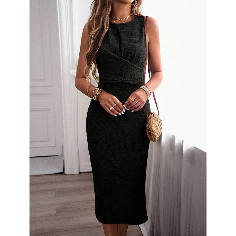 Hnewly  Solid Color Simple Officewear Dress for Woman New O Neck Sleeveless Tied Waist Side Slit Elegant Long Dresses