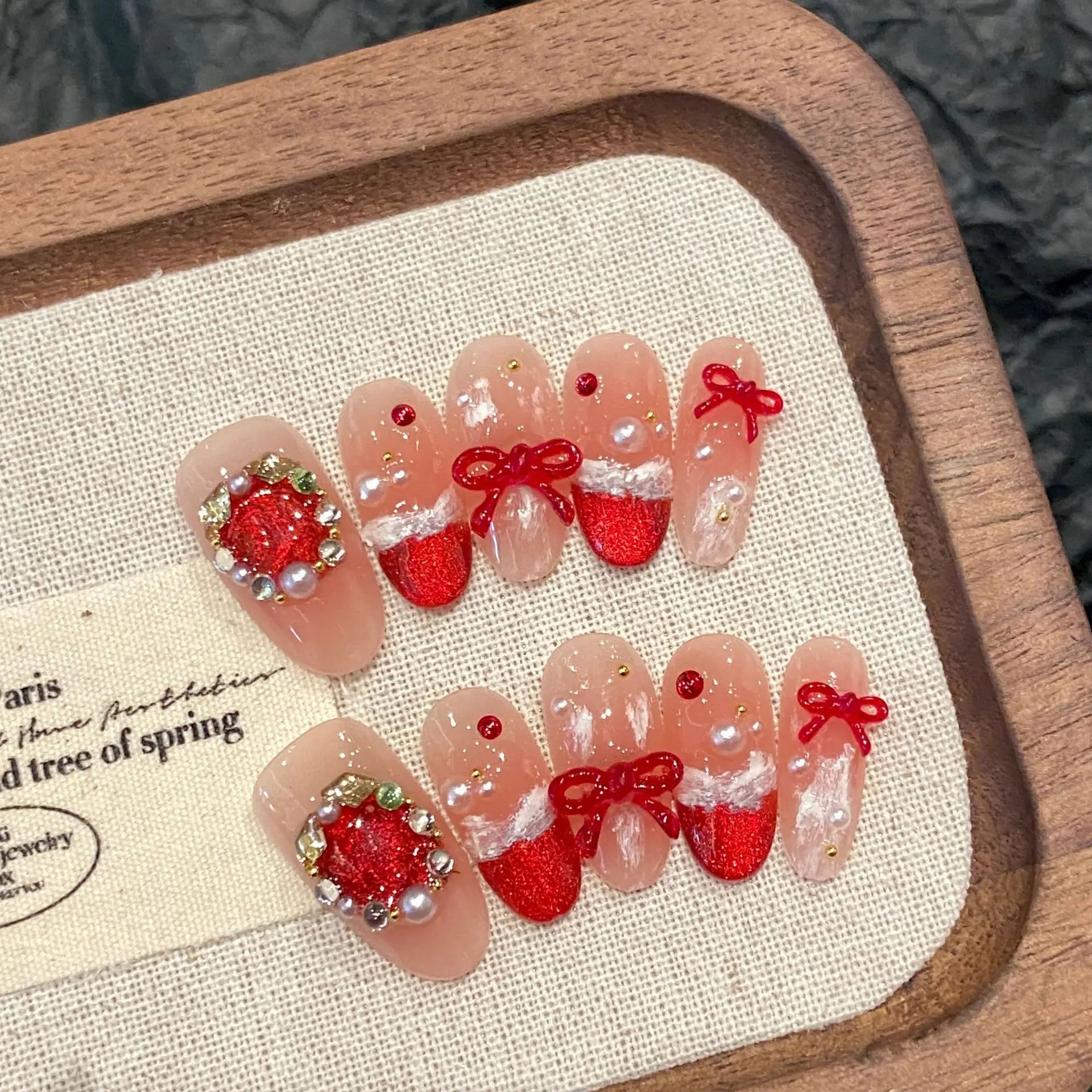 Hnewly 10pcs Blush Pink Fake Nail Patches Handmade Pearl Love Heart Press On Nails Planet Cross Designs Detachable Almond